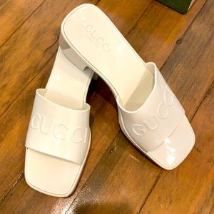 Gucci platform block heel slide sandals white